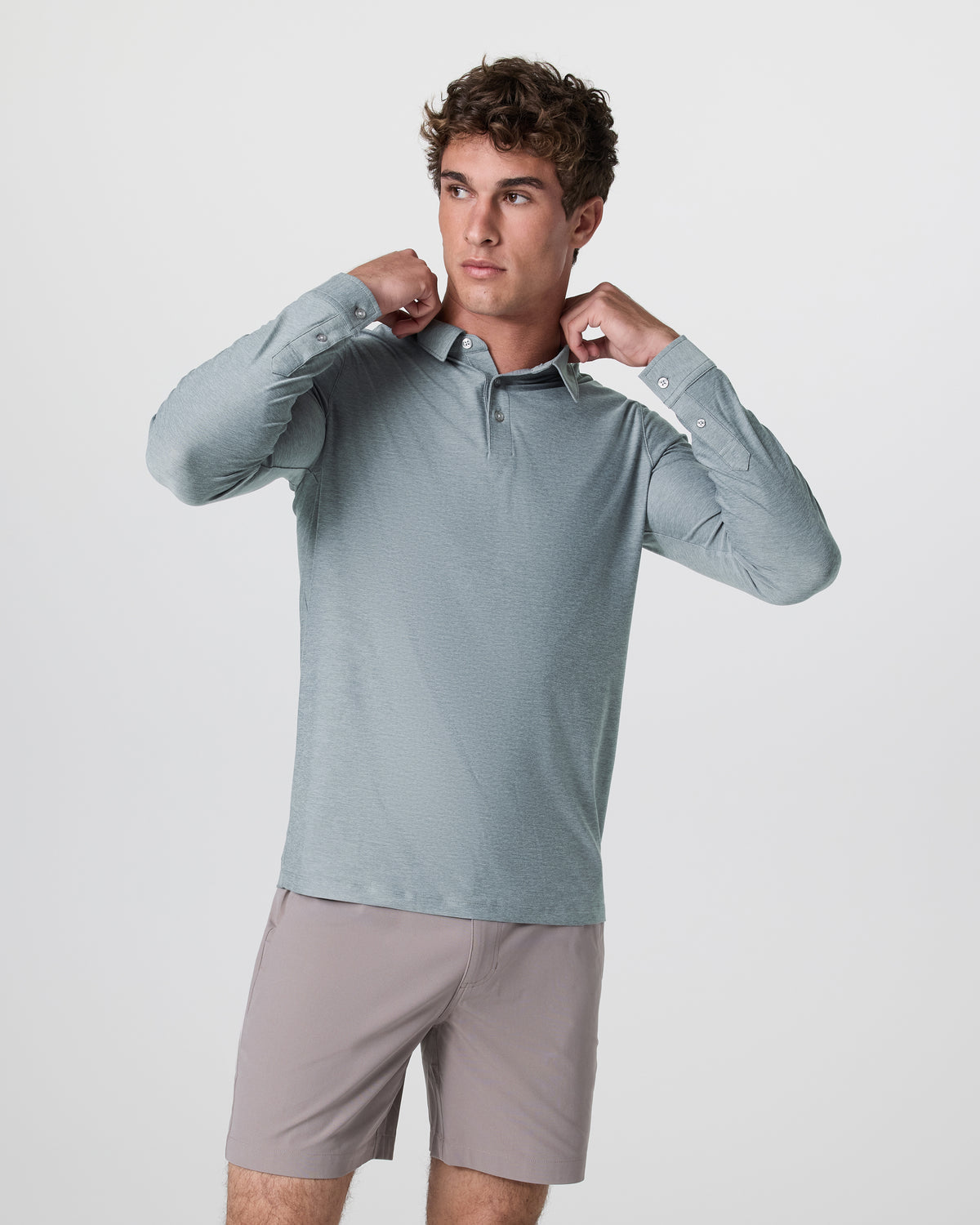 Long Sleeve Strato Tech Polo Dusty Blue Heather | Vuori for sale