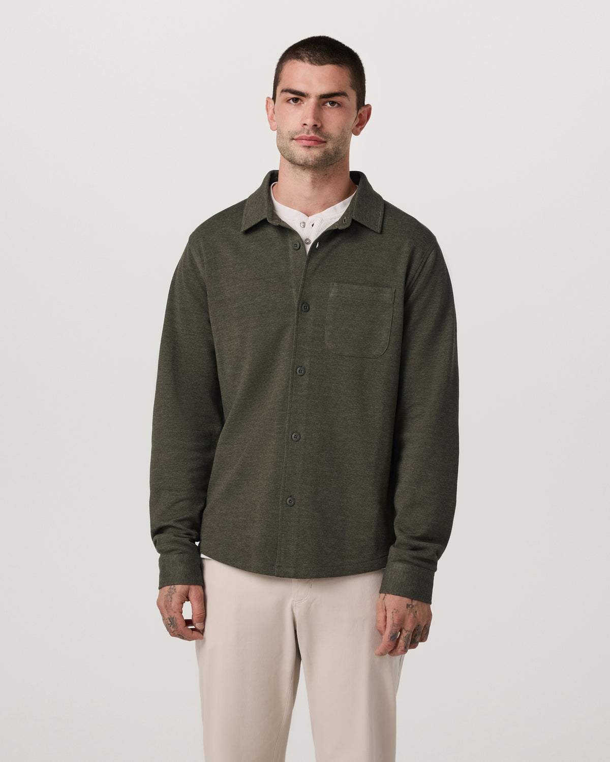 Jeffreys Overshirt Men's Olive Heather Button-Up Shirt | Vuori discount